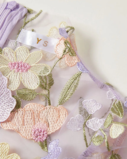 Floral Embroidered Mesh Overlay Maxi Dress