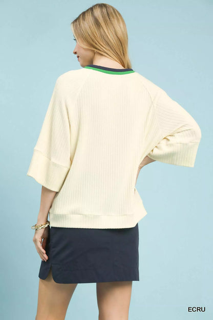 Umgee Ribbed Knit Top with Contrast Trim