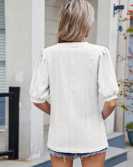 Eyelet V-Neck Puff Sleeve Casual Top 