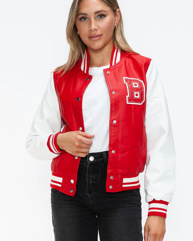 Love Me Now PU Leather Contrast Snap Down Bomber Jacket