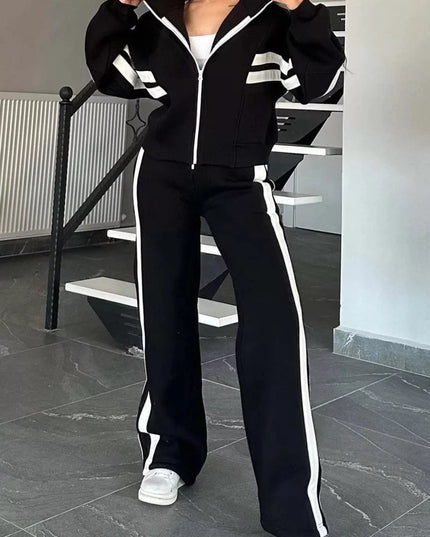 Full Size Contrast Stripe Zip Up Jacket and Pants Set Plus Size