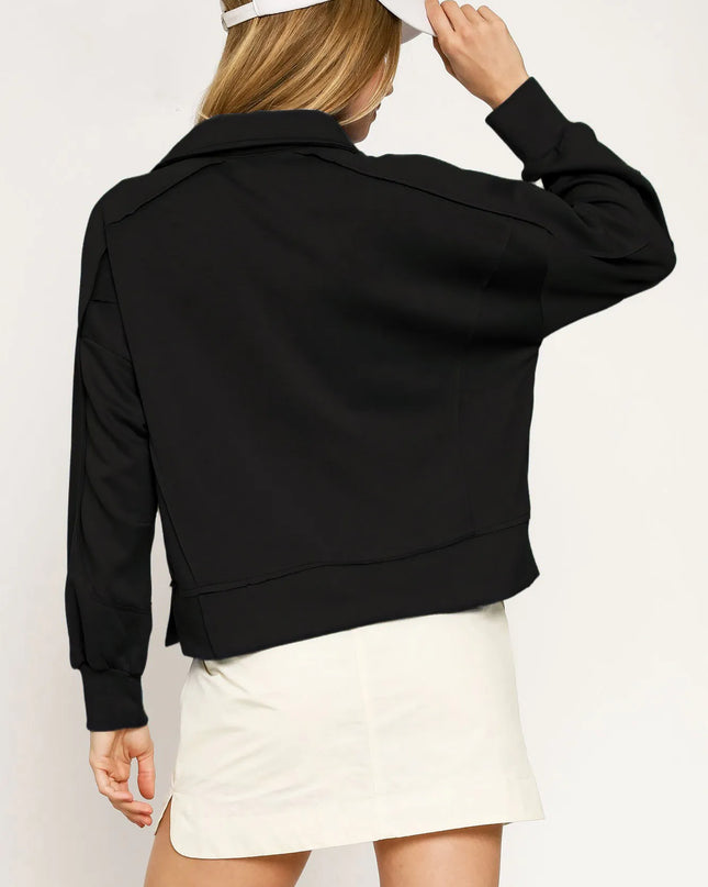 Umgee Collared Neck Long Sleeve Top with Raw Hem Detail
