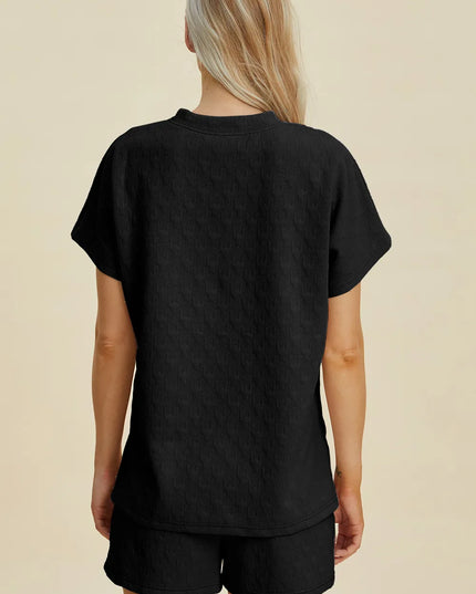 Double Take Full Size Texture Round Neck Short Sleeve Top and Shorts Set