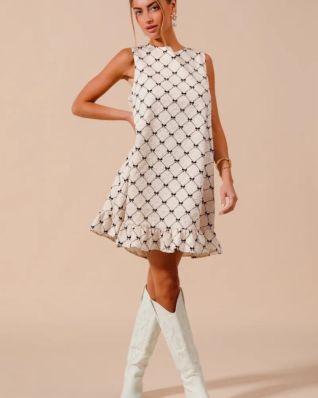 SO ME Texture Bow Printed Mini Ruffle Dress