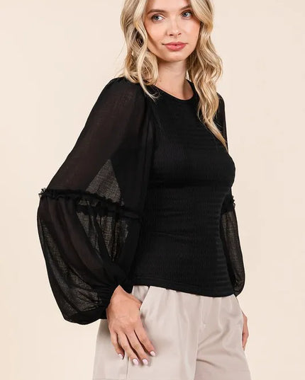 Mittoshop Mixed Media Textured Knit Chiffon Long Sleeve Top 