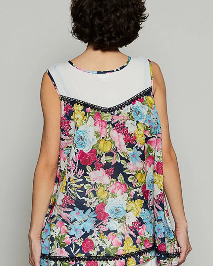 POL Lace Detail Floral Print Sleeveless Blouse