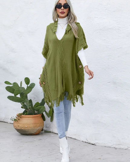 Fringe Trim Buttoned Hooded Poncho