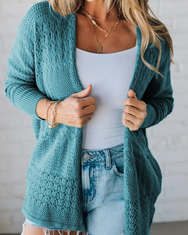 Open Front Knitted Cardigan with Eyelet Details Teal