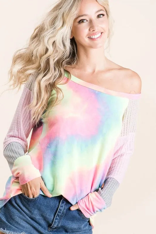 BiBi Tie Dye Terry Top with Color Block Pointelle Knit