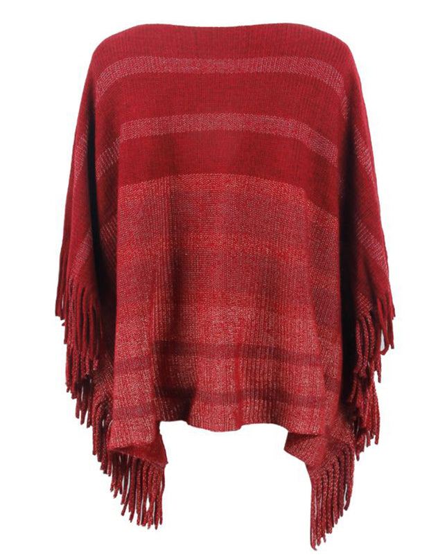 Striped Boat Neck Poncho with Fringes