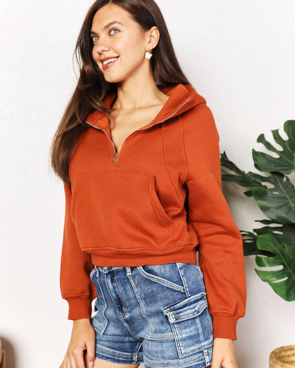 Double Take Half-Zip Long Sleeve Hoodie Caramel