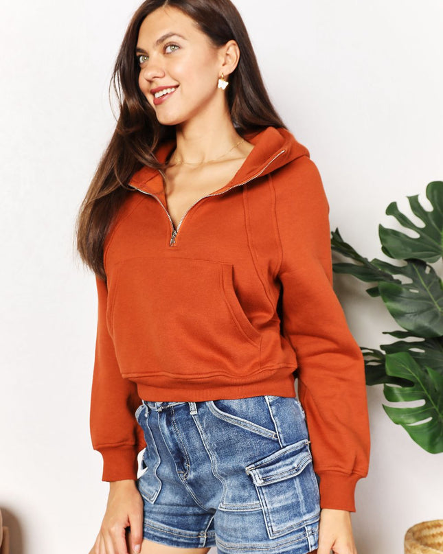 Double Take Half-Zip Long Sleeve Hoodie Caramel