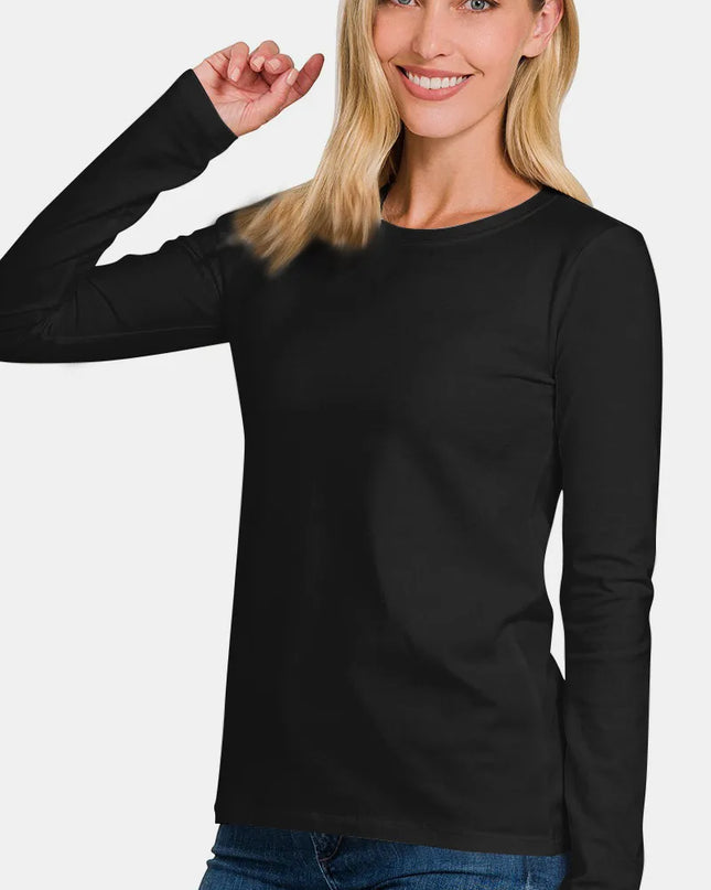 Zenana Full Size Solid Color Round Neck Long Sleeve T-Shirt Black