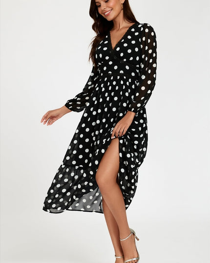 Dot Print Lace Trim Long Sleeve Maxi Dress in Black