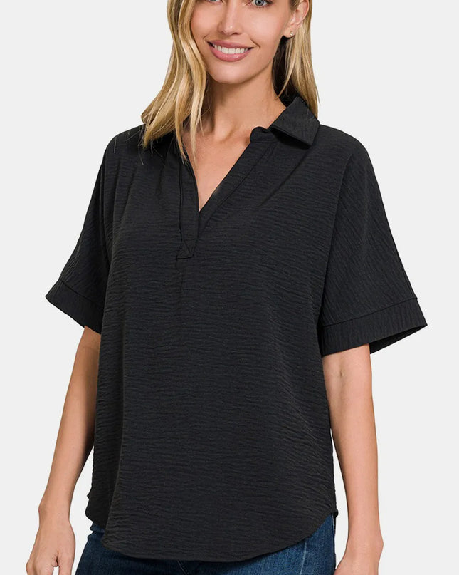 Zenana Full Size Texture Collared Neck Short Sleeve Top Black