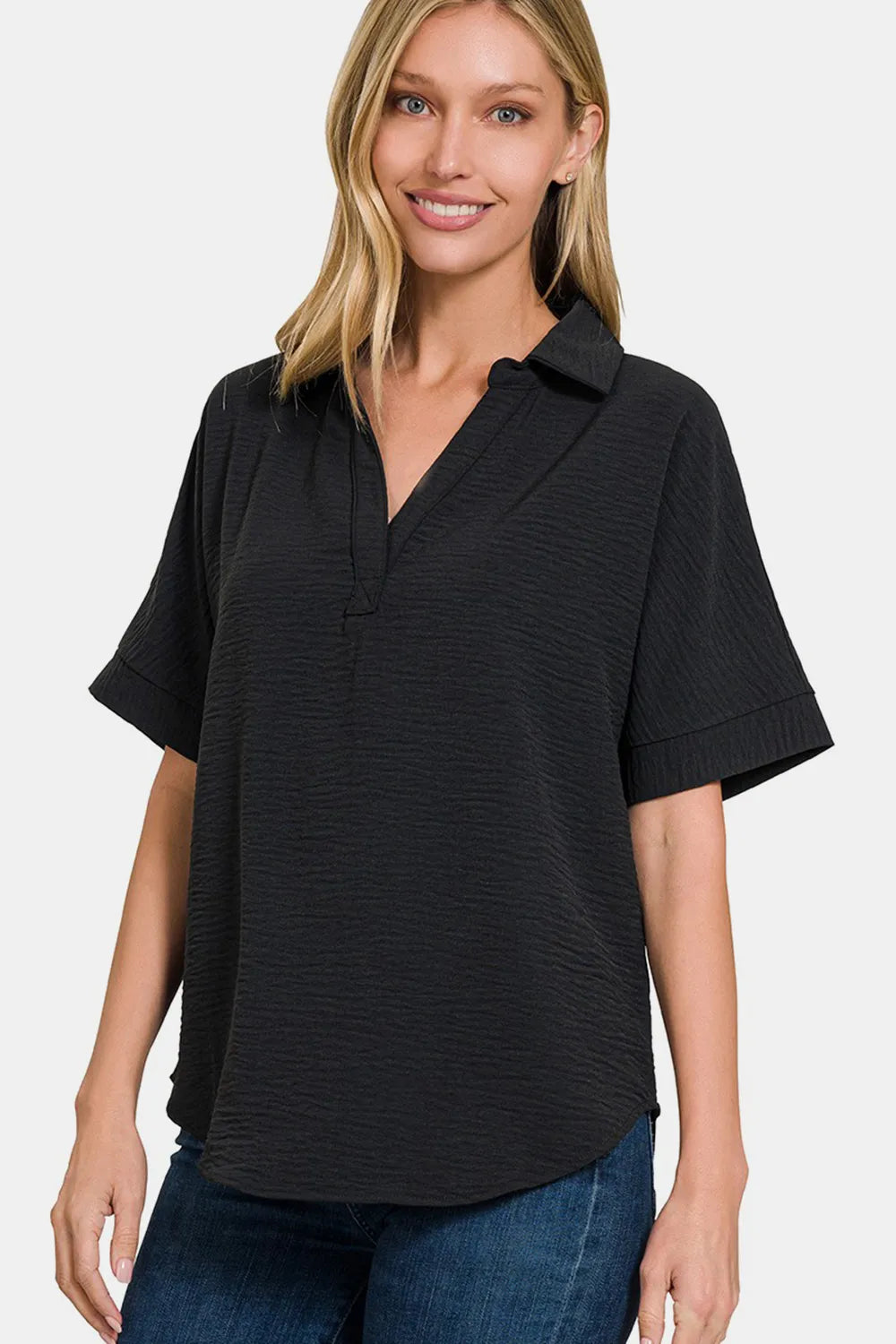 Zenana Full Size Texture Collared Neck Short Sleeve Top Black