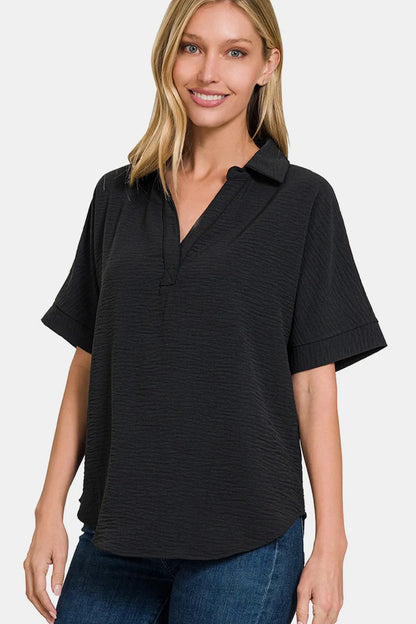Zenana Full Size Texture Collared Neck Short Sleeve Top Black