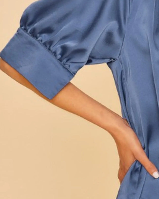 Annie Wear Satin V Neck Open Short Sleeve Woven Blouse Top