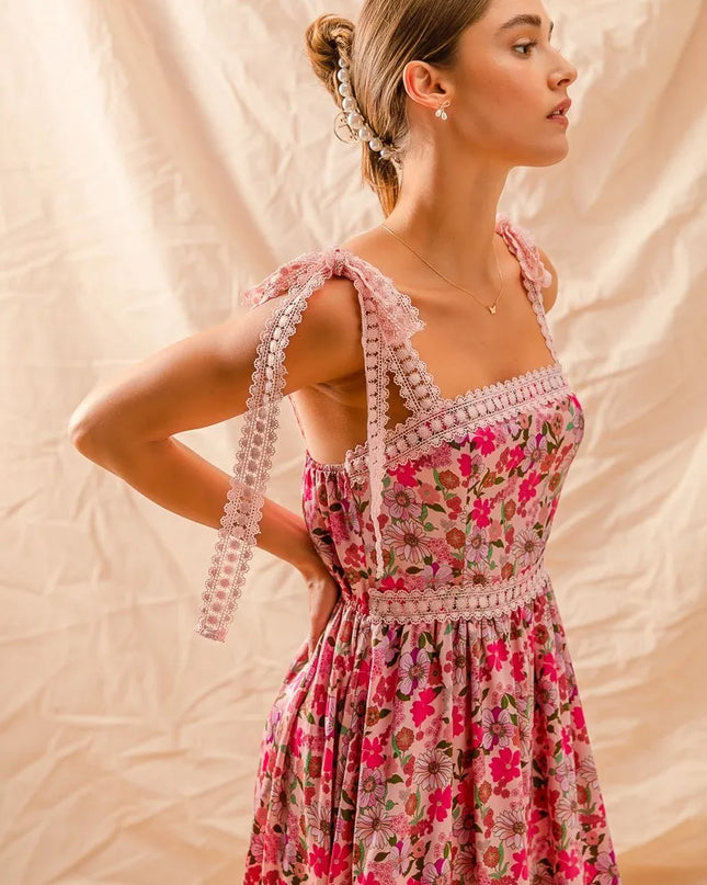 SO ME Floral Maxi Dress With Ribbon Tie Lace Strap