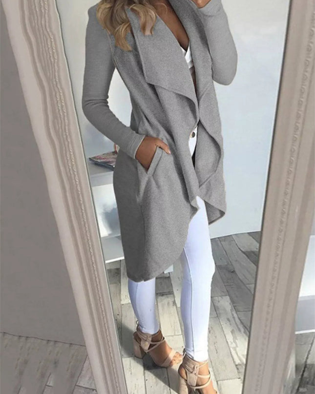 Full Size Lapel Collar Long Sleeve Coat Plus Size Gray