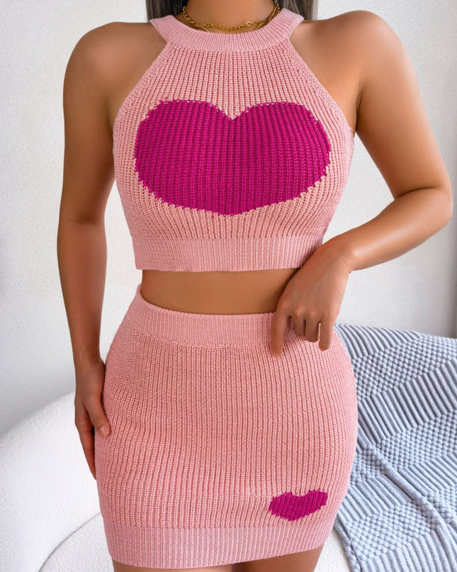 Heart Contrast Ribbed Sleeveless Knit Top and Skirt Set Peach