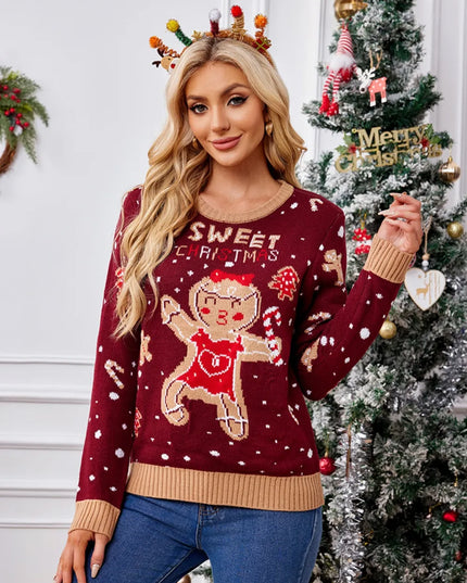 Gingerbread Round Neck Long Sleeve Sweater Burgundy