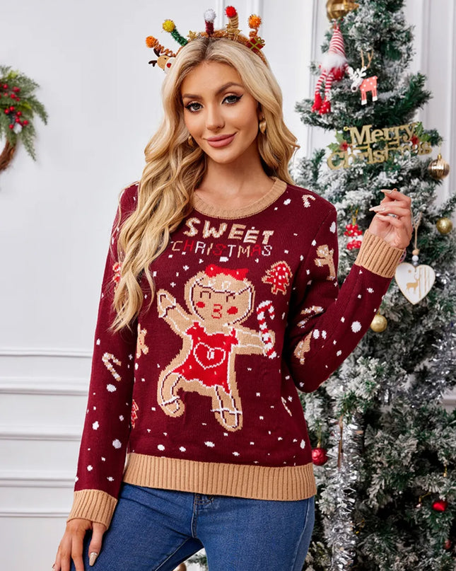 Gingerbread Round Neck Long Sleeve Sweater Burgundy