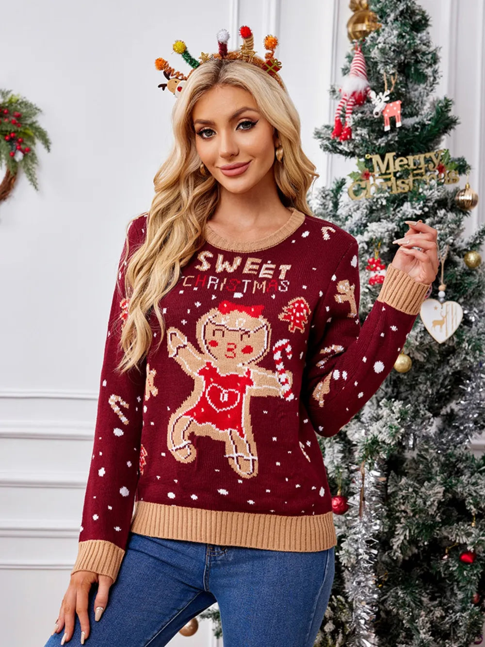 Gingerbread Round Neck Long Sleeve Sweater Burgundy