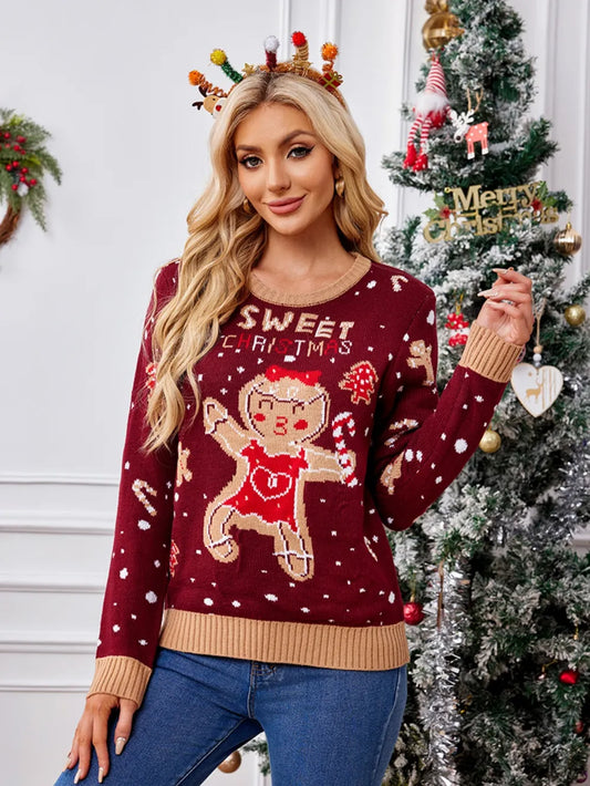 Gingerbread Round Neck Long Sleeve Sweater Burgundy