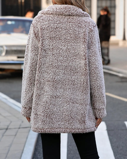 Pocketed Collared Neck Long Sleeve Plush Jacket