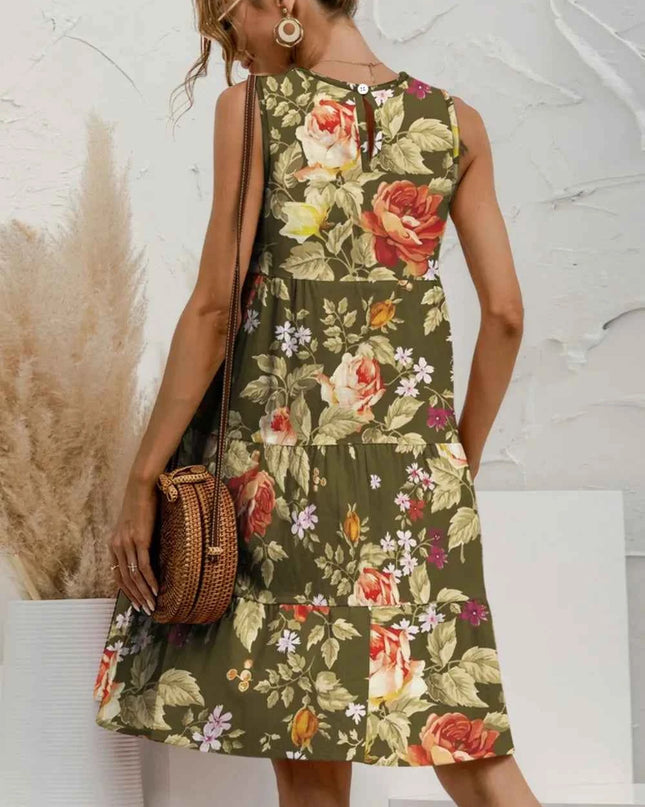 FAM-FAM Tiered Printed Round Neck Sleeveless Dress