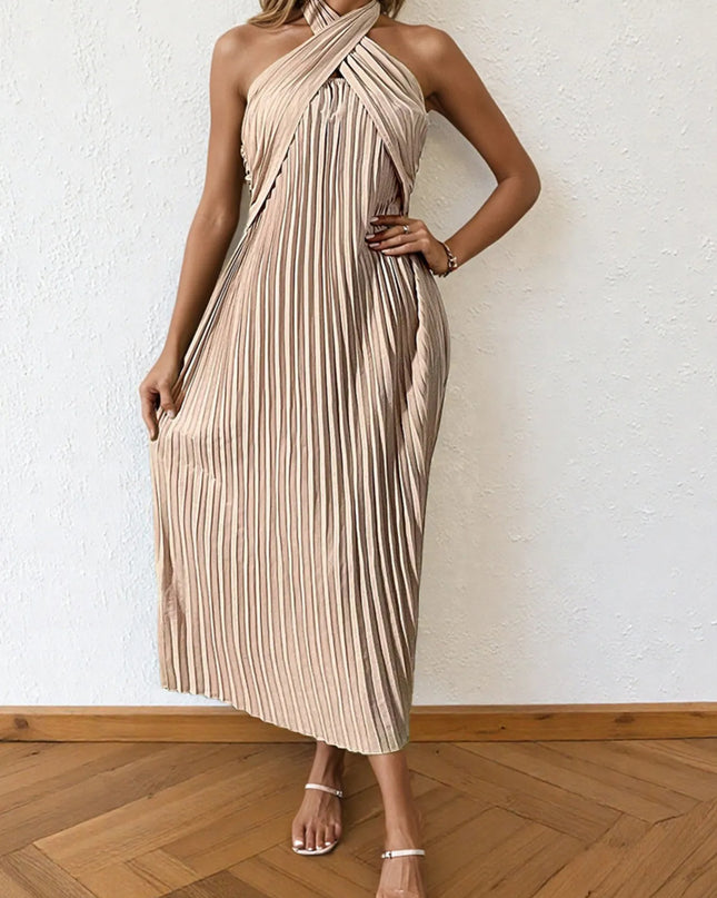 Pleated Halter Neck Midi Dress