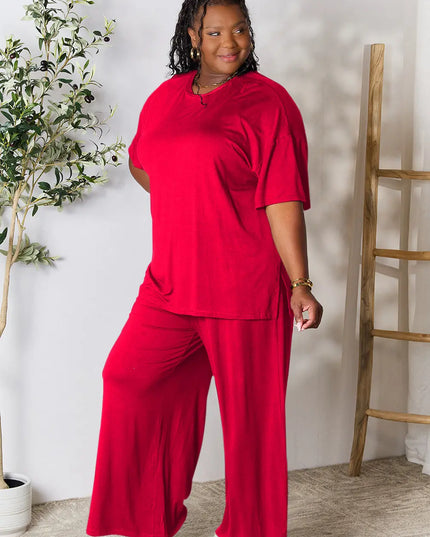 Double Take Full Size Round Neck Slit Top and Pants Set