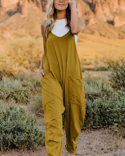 Double Take Full Size V-Neck Sleeveless Jumpsuit with Pockets Mustard