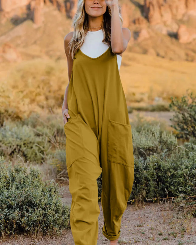 Double Take Full Size V-Neck Sleeveless Jumpsuit with Pockets Mustard