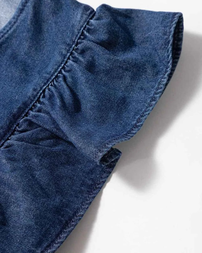 Denim Ruffled Zipped Front Belted Romper