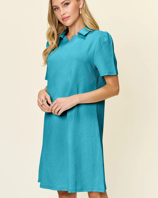 Double Take Full Size Texture Collared Neck Short Sleeve Dress Pastel Blue