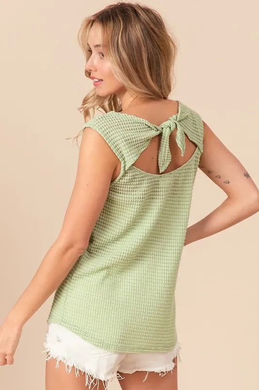 BiBi Popcorn Waffle Open Back Top with Tied Ribbon