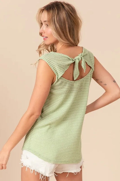 BiBi Popcorn Waffle Open Back Top with Tied Ribbon