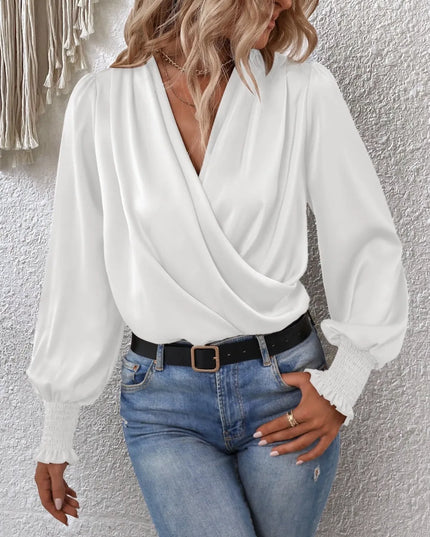 Surplice Smocked Lantern Sleeve Blouse