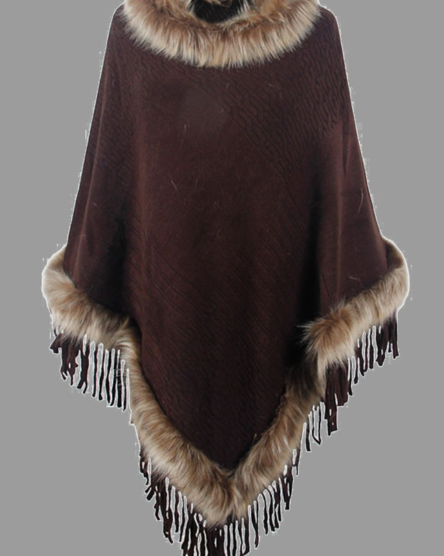 Faux Fur Trim Fringed Poncho Chocolate One Size