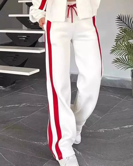 Full Size Contrast Stripe Zip Up Jacket and Pants Set Plus Size