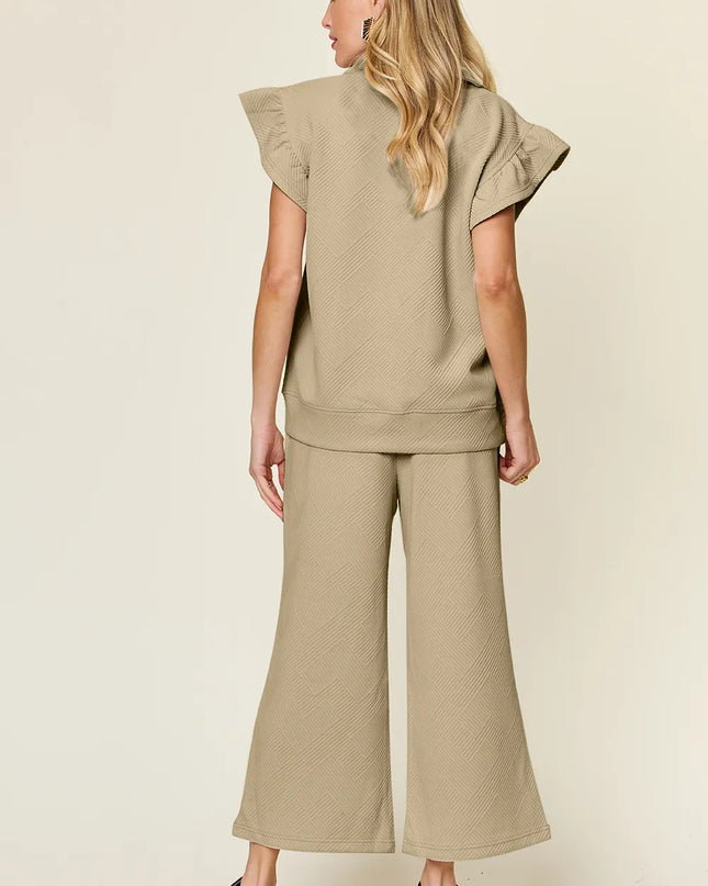 Double Take Texture Ruffle Short Sleeve Top and Drawstring Wide Leg Pants Set