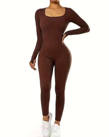 Women's Long Sleeve Seamless Jumpsuit - Slim Fit Ribbed for Workouts & Casual Wear