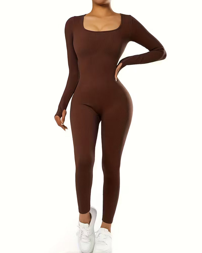 Women's Long Sleeve Seamless Jumpsuit - Slim Fit Ribbed for Workouts & Casual Wear