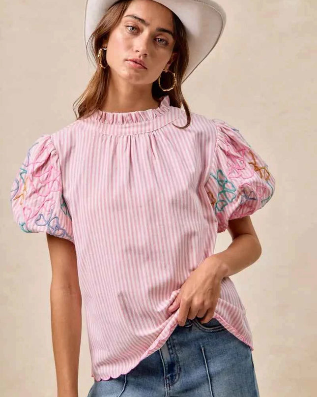 BiBi Embroidery Bubble Sleeve Top With Bottom Scallop Detail