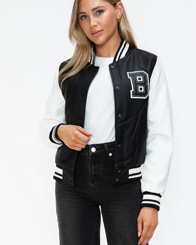 Love Me Now PU Leather Contrast Snap Down Bomber Jacket
