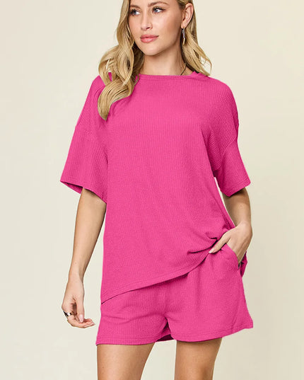 Double Take Basic style Round Neck Solid Set Hot Pink