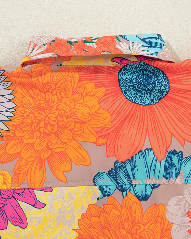 Printed Button Up Long Sleeve Top and Shorts Set