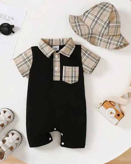 Children's Hat and Plaid Short Sleeve One-Piece Romper Black